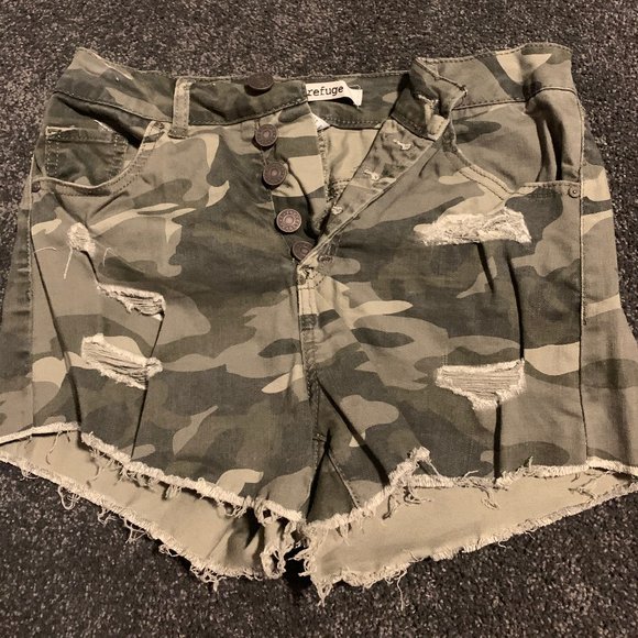 Charlotte Russe Pants - Green Camo Destructed Denim Shorts